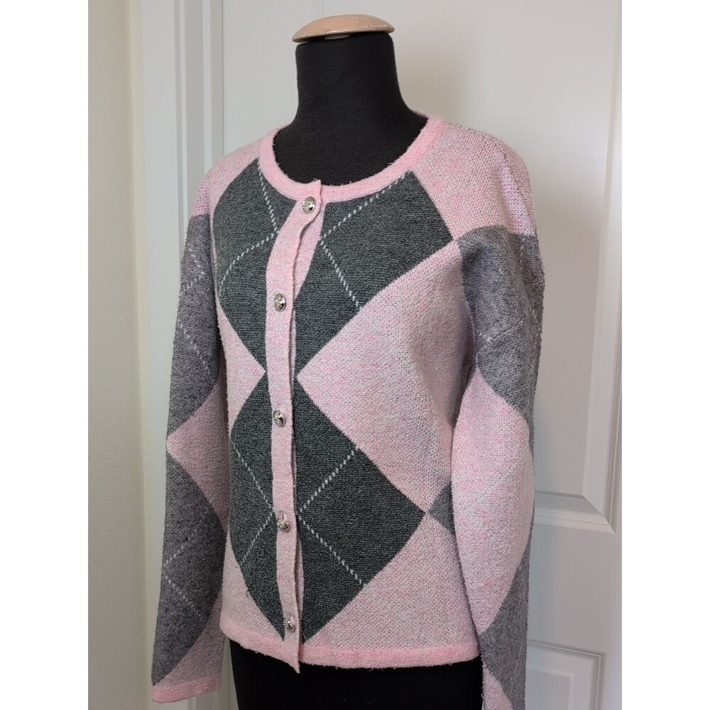 Pink and Gray Argyle Button-Up Cardigan Sweater